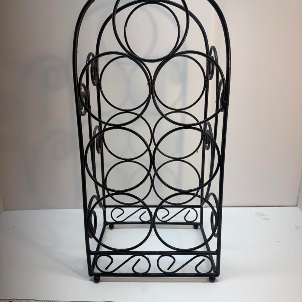 Vintage Black Metal Wine Rack Stacked 7 Bottle Holder Wrought Iron Scrollwork